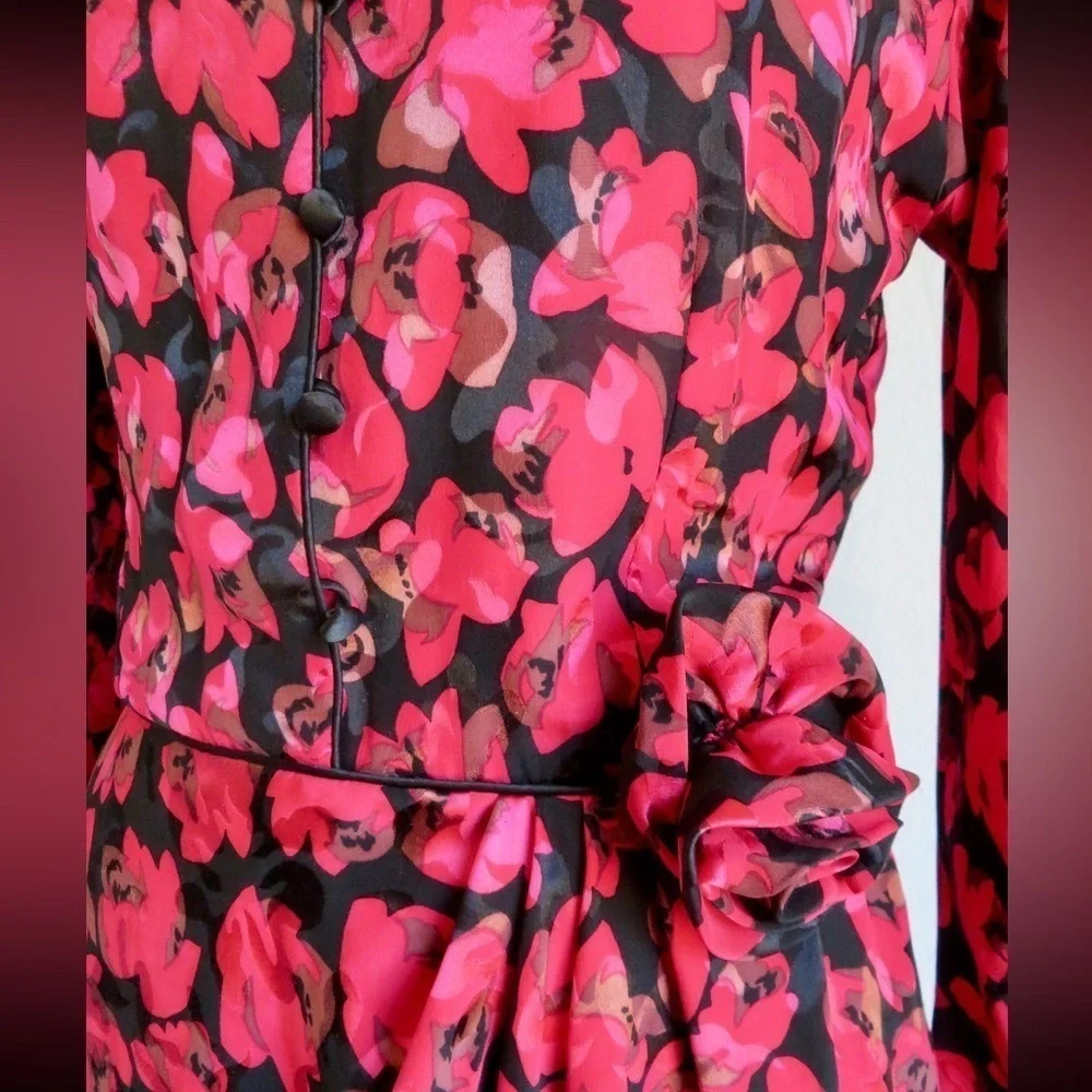 Maggy London Vintage 80s Floral Print Silk Dress 8